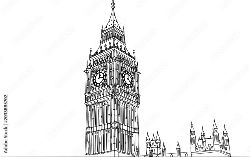 Fototapeta premium Big Ben London Continuous Line Hand Drawn Vector Illustration Minimalist Landmark Sketch