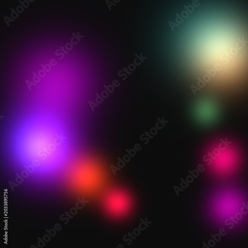 Abstract dark background with colorful neon blurry light spots, cosmic vibrant bokeh effect