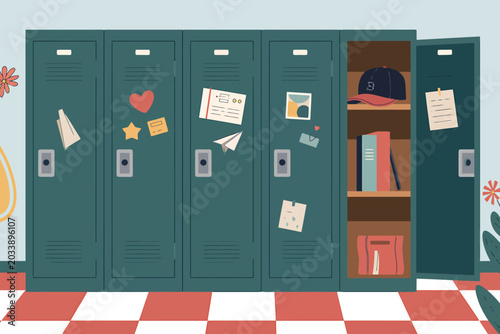school lockers with stickers and books inside