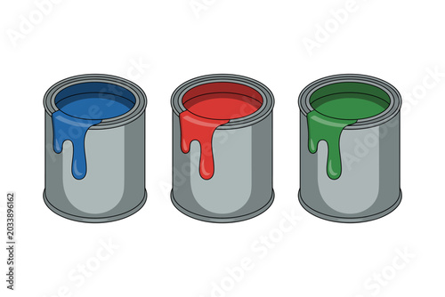 three gray paint cans with colored drips