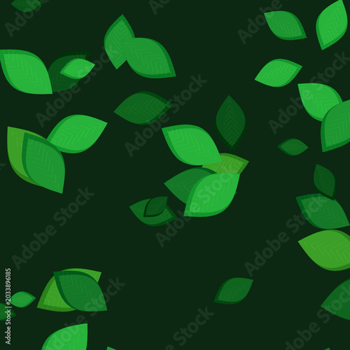 Floating green leaves pattern on dark green background, abstract nature backdrop