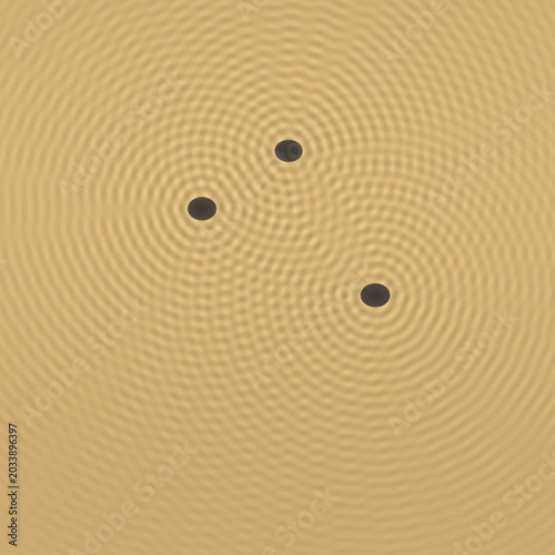 Abstract wave interference pattern with three ripple sources on golden background