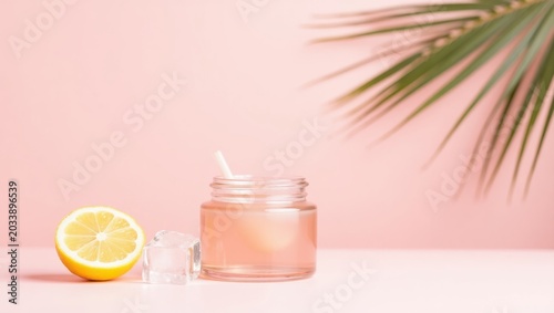 Fresh citrus skincare serum in glass jar with lemon slice on pastel pink background