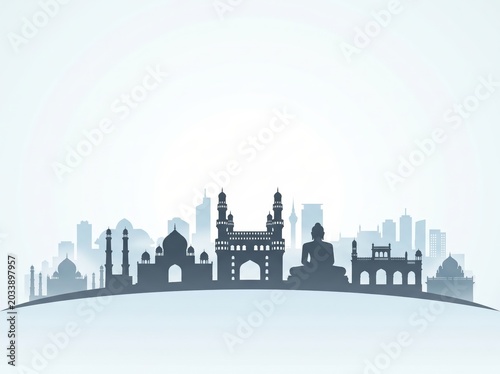 Telangana formation day background with monuments silhouettes.