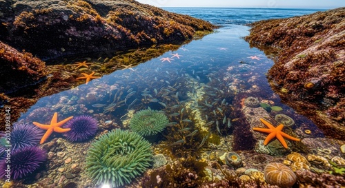 Vibrant tide pool teeming with marine life and starfish on rocky coast
