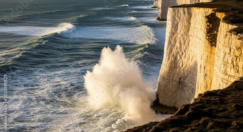 Crashing ocean waves against white chalk cliffs on a stormy coast