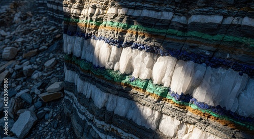Sunlit Cliff Face Reveals Colorful Geological Strata and Mineral Deposits