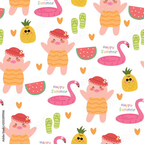 Seamless pattern of cute cartoon pig wearing a hat with summer elements. Cute summer pattern for wallpaper, gift wrapping paper.