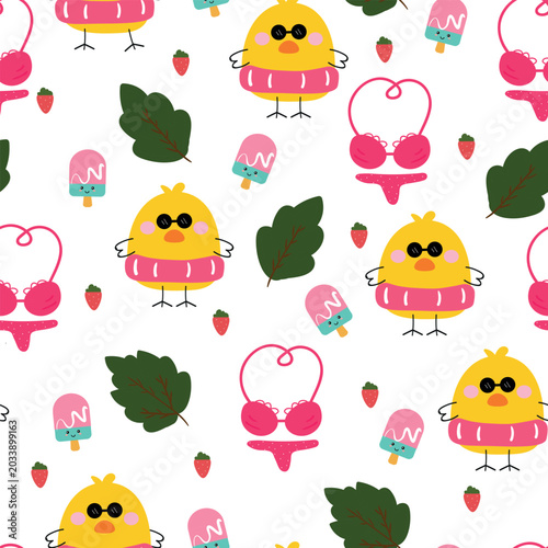 Seamless pattern of cute cartoon chicks with summer elements. Cute summer pattern for wallpaper, gift wrapping paper.