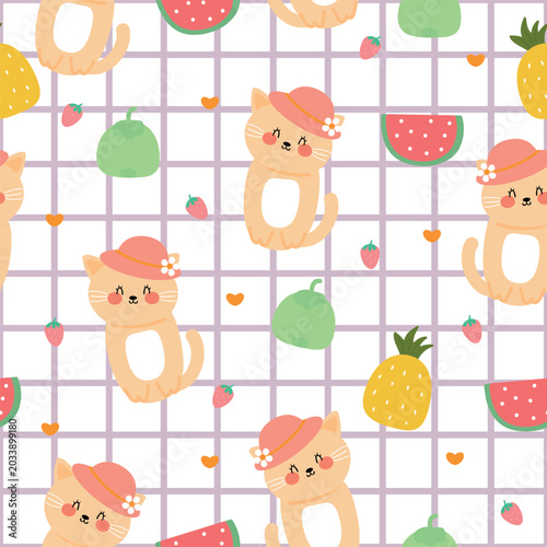 Seamless pattern of cute cartoon cats wearing hats with summer elements. Cute summer patterns for wallpaper, gift wrapping paper.