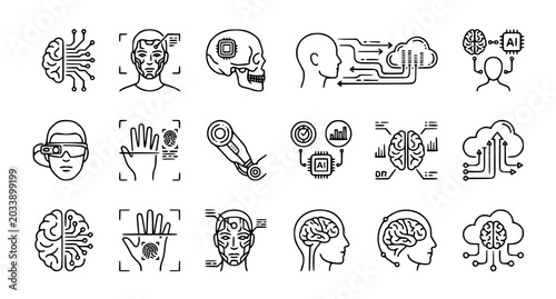 Bild auf Leinwand Artificial Intelligence and Human Brain Augmentation Icons - AI, Machine Learnin
