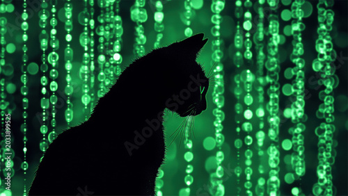 Black Cat Silhouette in Green Digital Matrix Technology Background