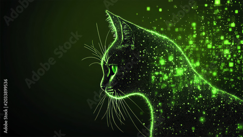 Black Cat Silhouette in Green Digital Matrix Technology Background