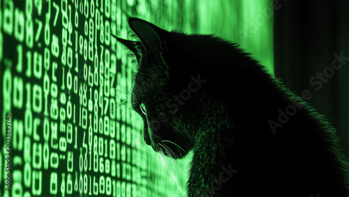 Black Cat Silhouette in Green Digital Matrix Technology Background