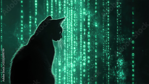 Black Cat Silhouette in Green Digital Matrix Technology Background