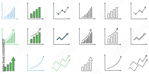 Hand-drawn cartoon and doodle set of growing graphs on a white background.