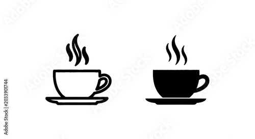 Minimal black silhouette icon, simple flat vector, bold black shape, no, no shading set of two coffee cup icons with steam, outline and solid black style on a, flat icon style