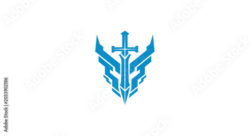 Fantasy blue sword emblem with stylized geometric wings.