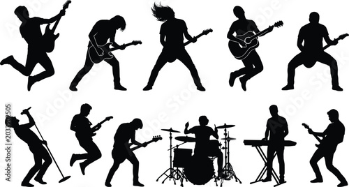 Cuadro en lienzo Rock Band Silhouettes Collection with Guitarists Singer Drummer and Keyboard Pla