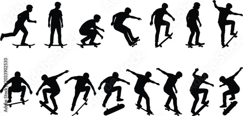 Fotografi Skateboarder silhouette collection with freestyle skateboarding tricks and urban