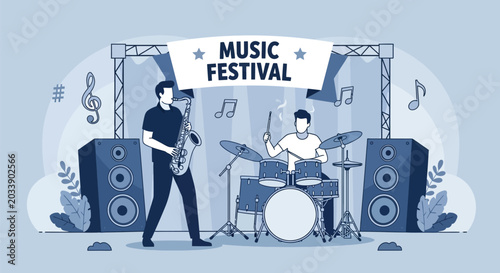 Foto Music festival banner with musicians playing saxophone and drums on stage