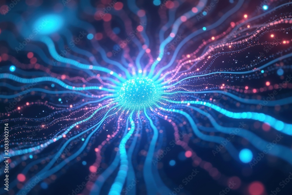Obraz premium Abstract Glowing Blue and Purple Neural Network Data Flow Concept