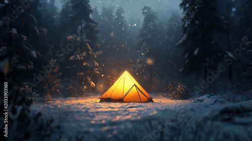 Warm Tent in Snowy Forest at Night