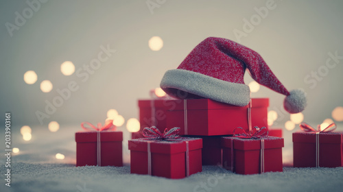 Christmas Gift Boxes and Santa Hat in Festive Scene
