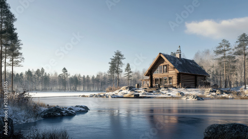 Winter Lakeside Cabin Serene Landscape