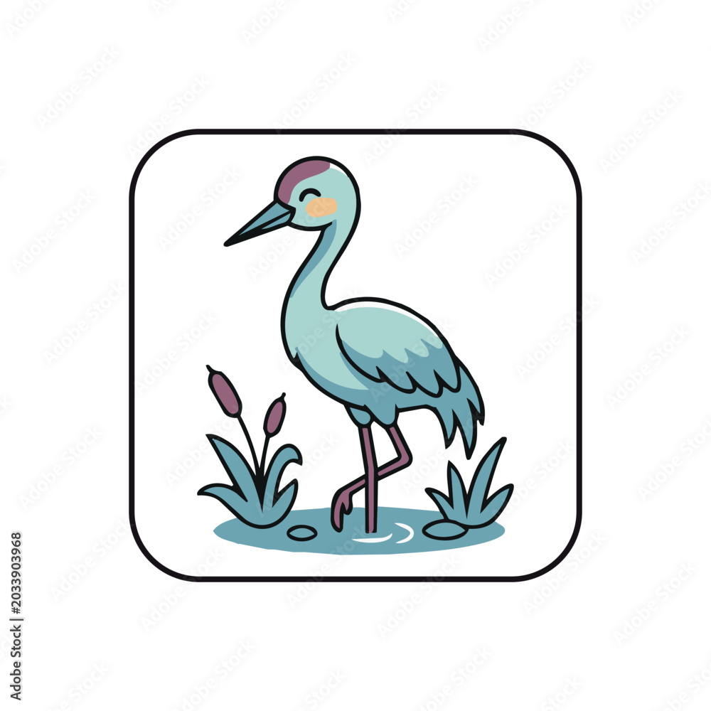 Obraz premium Cute cartoon crane bird walking in water with reeds, vector illustration
