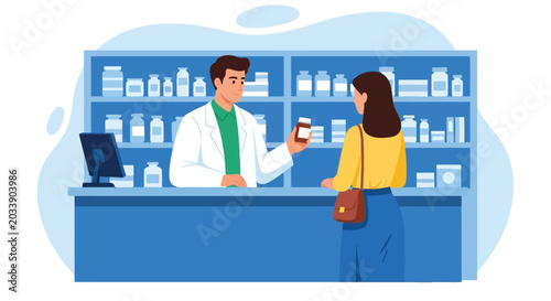 Konstfotografi Pharmacist wearing medical coat standing behind pharmacy counter showing medication bottle to female customer inside drugstore with shelves of medicine