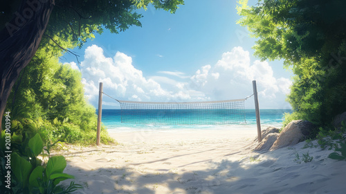 Serene Beach Volleyball Net Under Tropical Trees