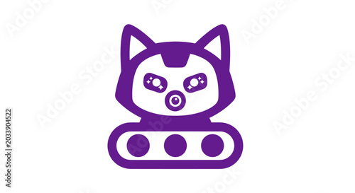 Purple robot cat mascot on tank tracks.
