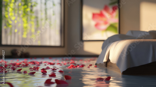 Sunlight-drenched bedroom with rose petals scattered on the floor