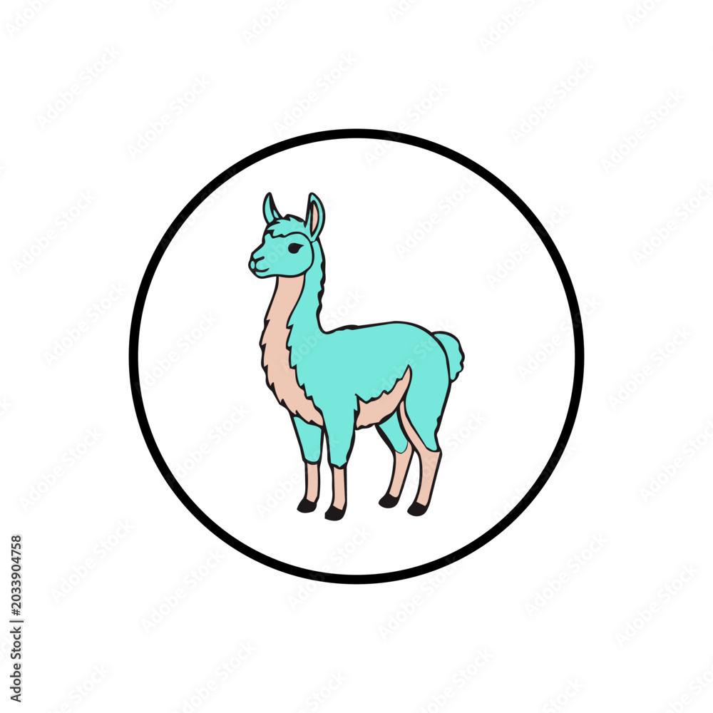 Fototapeta premium Cute Teal Llama Cartoon Character Illustration in Circle