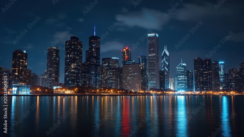 Obraz premium City skyline at night with illuminated skyscrapers and waterfront