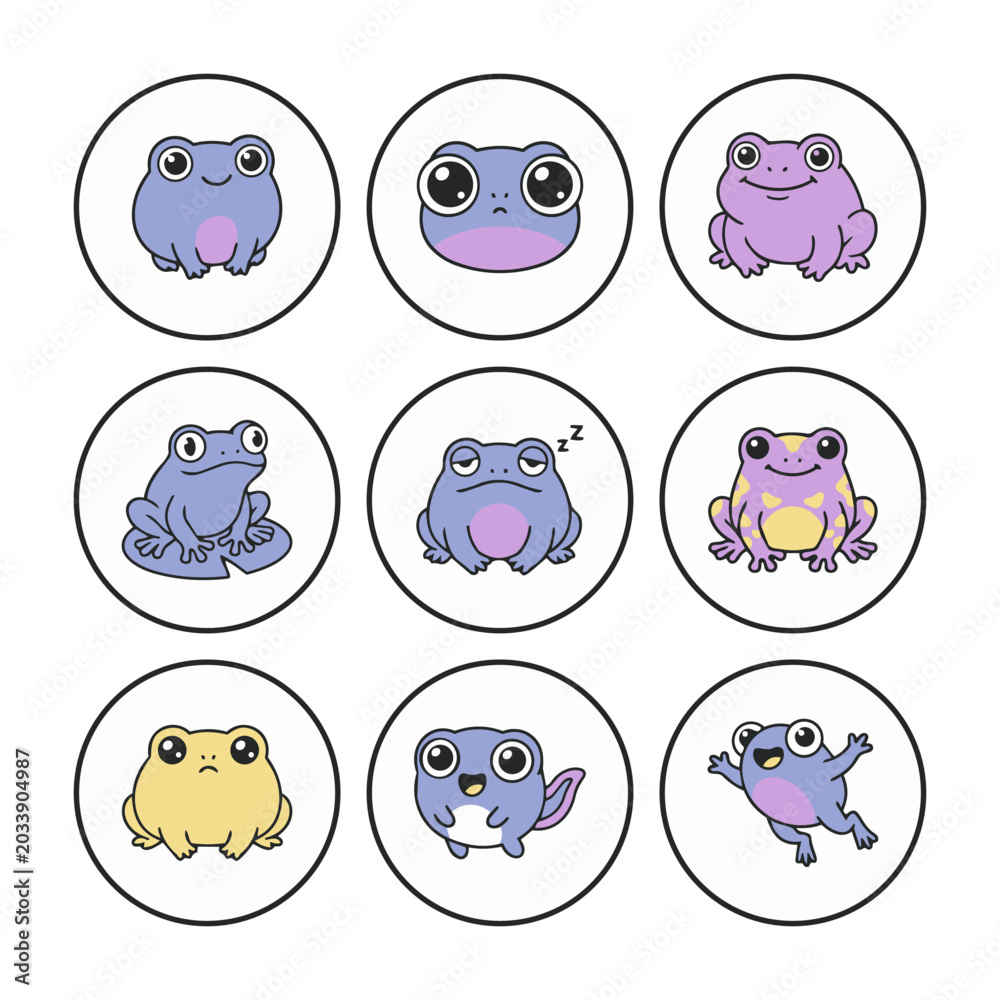 Obraz premium Cute Cartoon Frogs Collection: Various Emotions and Poses, Kawaii Style