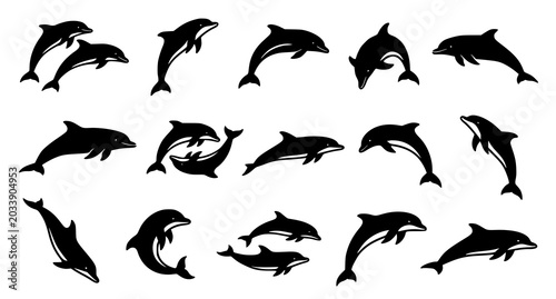Quadro em tela Dolphin Silhouette Vector Collection with Hand Drawn Marine Animal Art