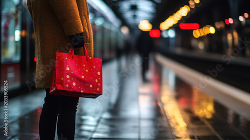 Person Holding Red Shopping Bag at Rainy Night Subway Platform