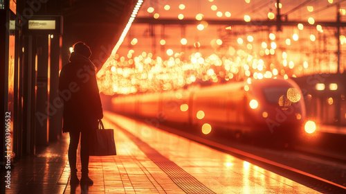 Silhouette at the Train Station Platform in Sunset
