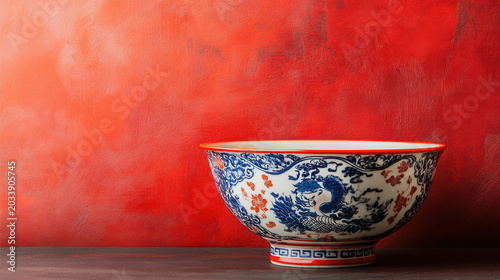 Blue and White Dragon Pattern Porcelain Bowl Against Red Background