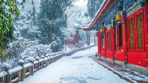 Snowy Scene of Ancient Temple with Red Walls and Evergreen Trees