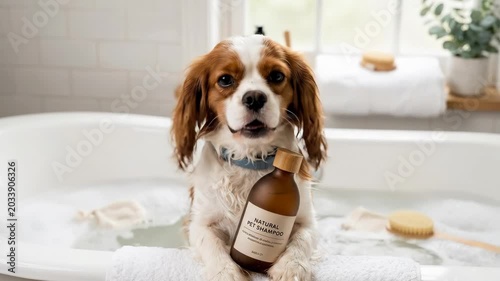 Cavalier King Charles Spaniel holding a shampoo bottle, cute pet grooming concept with bathing routine, veterinary care and product promotion appeal, soft studio light, clean background, detailed fur