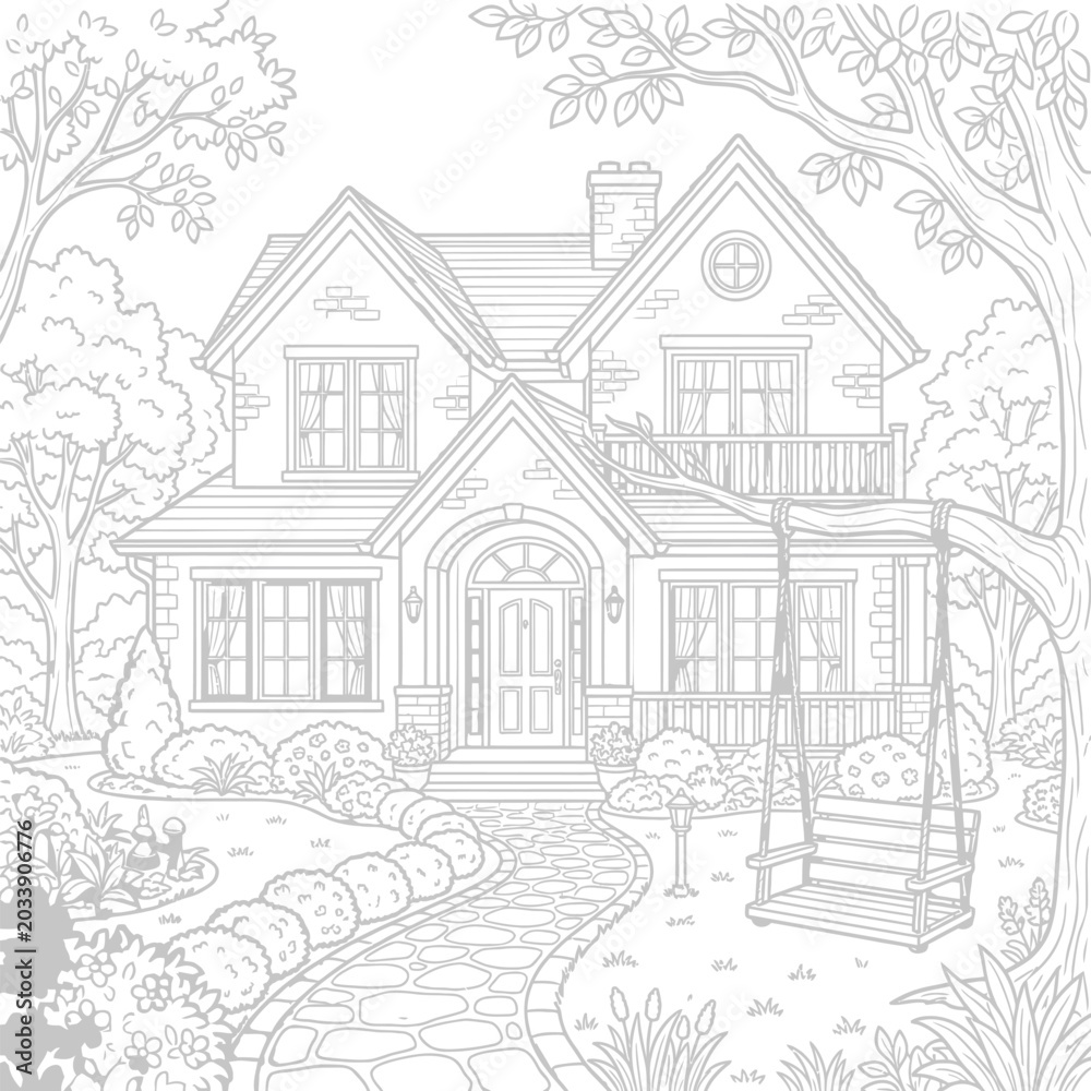 Obraz premium Cozy two-story family house with wrap-around porch, surrounded by trees and shrubs, in a serene residential setting