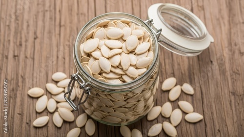 White pumpkin seeds in an open glass mason jar.