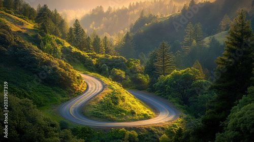 Winding Mountain Road Through Forest at Dawn