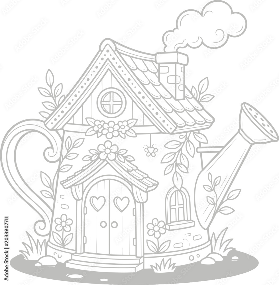 Fototapeta premium Watering can shaped house with floral and geometric patterns, surrounded by blooming flowers and leaves