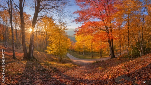 A breathtaking autumn landscape featuring vibrant golden, orange, and red foliage under soft natural light. The peaceful atmosphere captures the beauty of the fall season with colorful trees, falling 