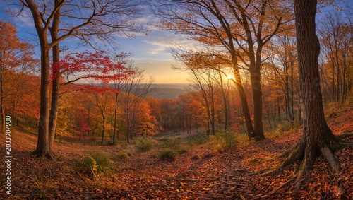 A breathtaking autumn landscape featuring vibrant golden, orange, and red foliage under soft natural light. The peaceful atmosphere captures the beauty of the fall season with colorful trees, falling 