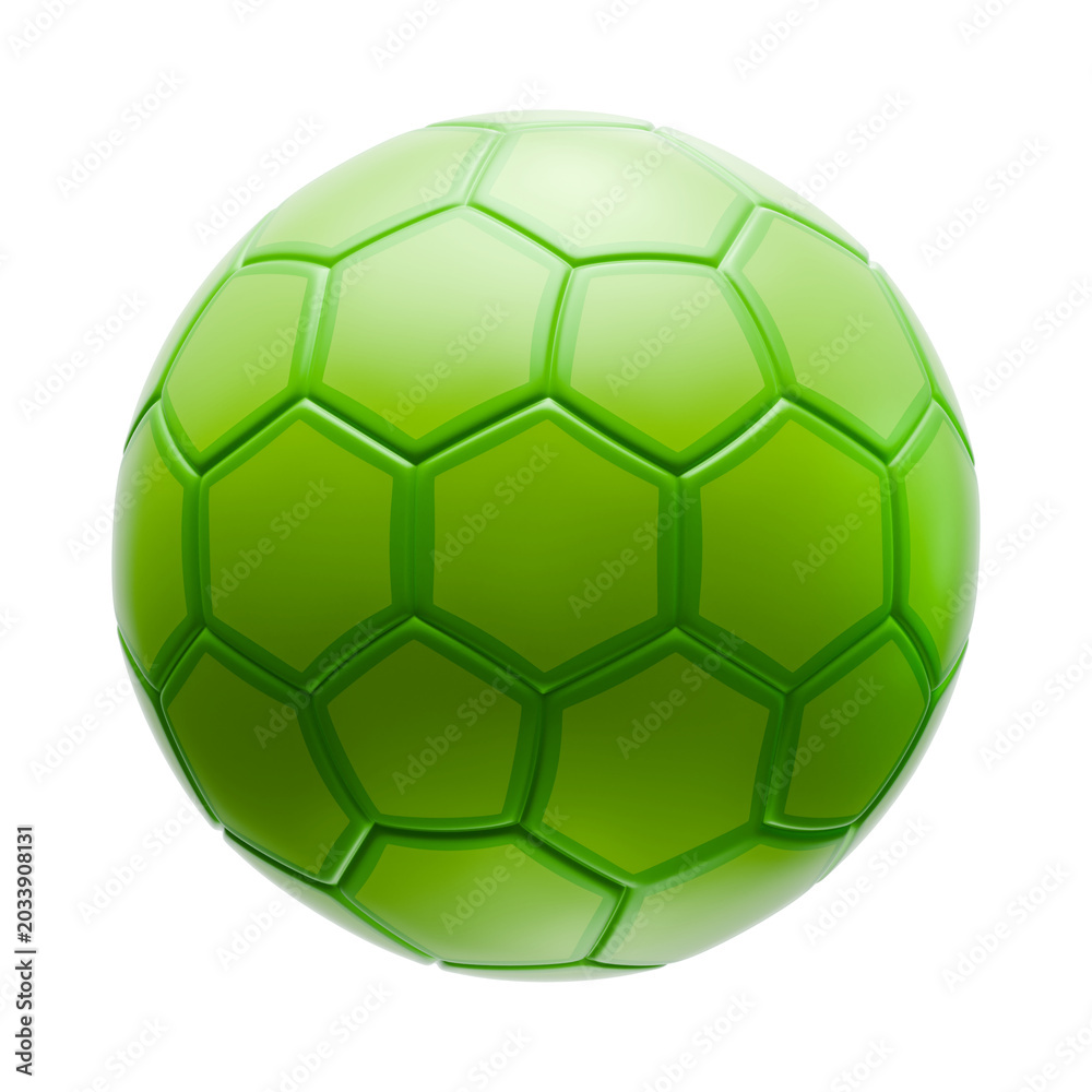Fototapeta premium Glossy green futsal ball isolated on a light background, featuring a smooth reflective surface, geometric panel pattern, centered composition, and modern 3D sports styling.